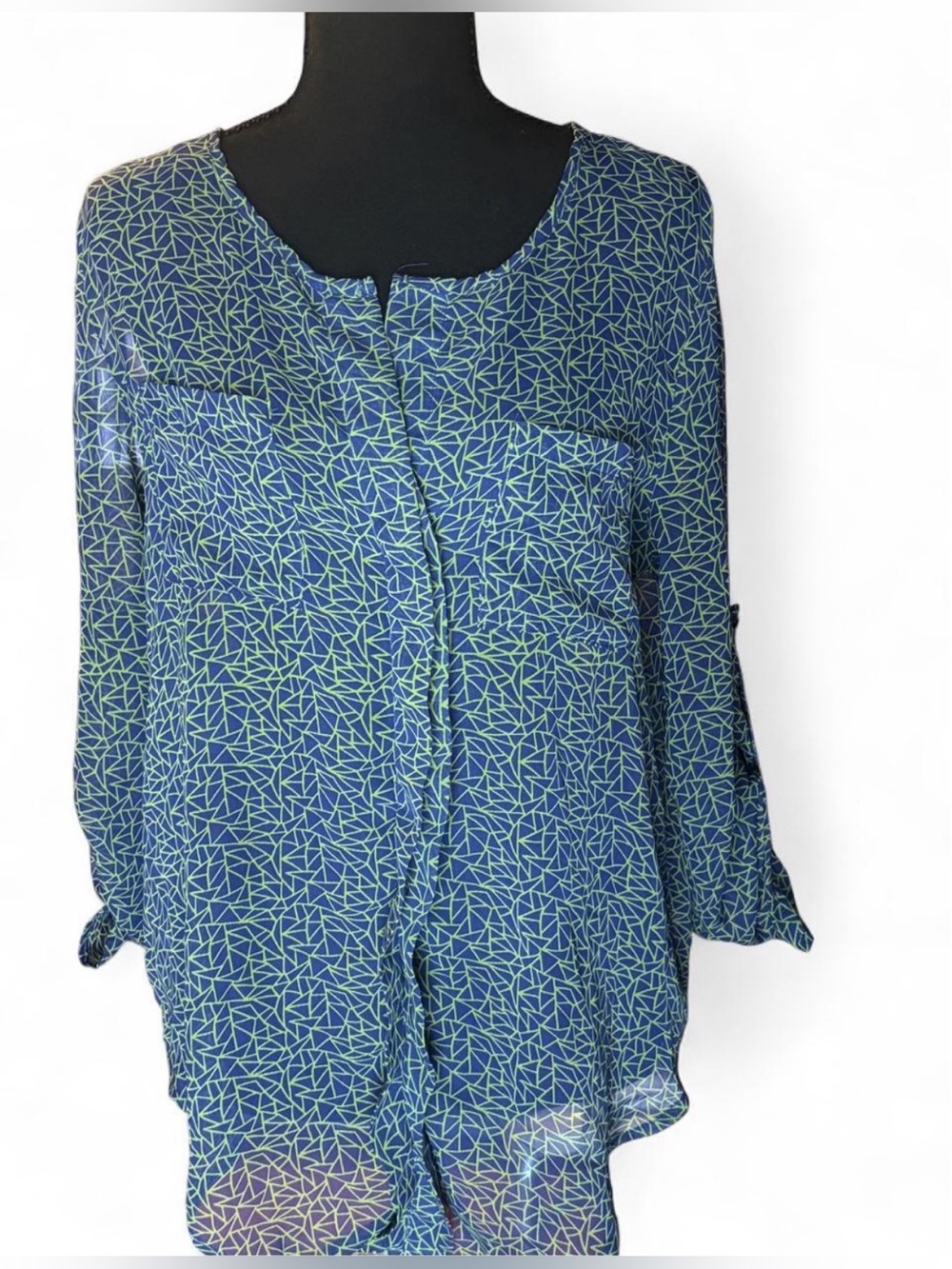 Ezra blue & green sheer geometric blouse size M